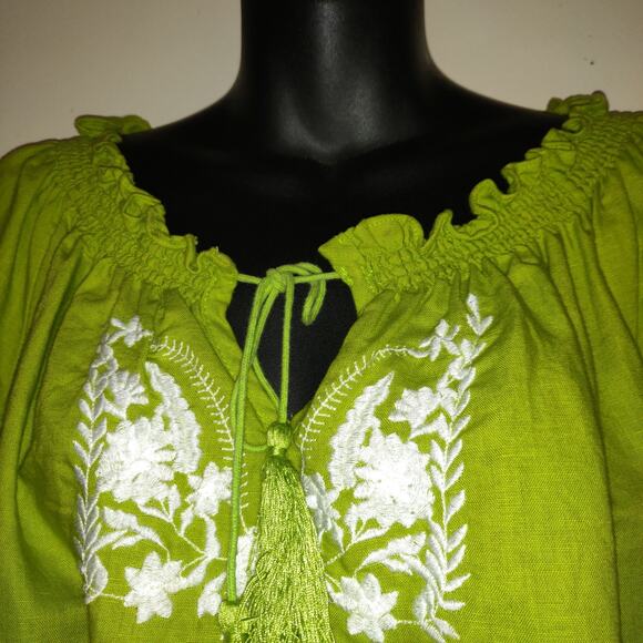 Lime Green Linen Blend Top Women's Blouse 2X Embroidered Tassels Boho Festival - Picture 3 of 16